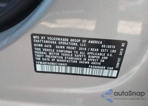 2013 Volkswagen Passat 2.5L S из США, поврежденный, VIN 1VWAH7A39DC109637